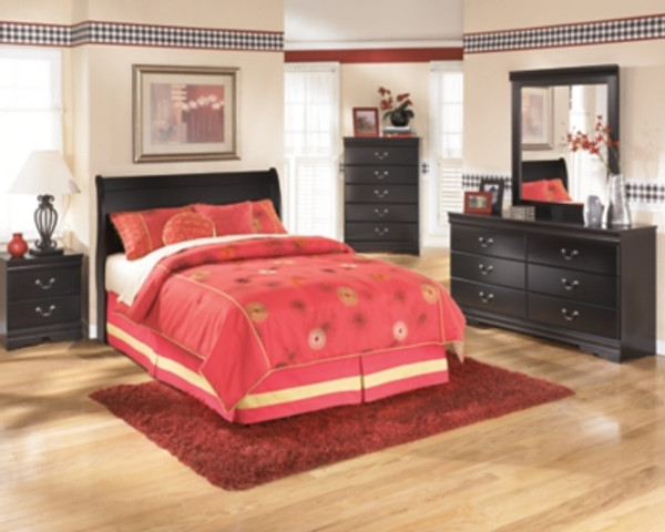 Ashley Huey Vineyard Black Full Sleigh Headboard Bed with Mirrored Dresser, Chest and 2 Nightstands