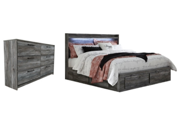 Ashley Baystorm Gray King Panel Bed with 4 Storage Drawers with Dresser