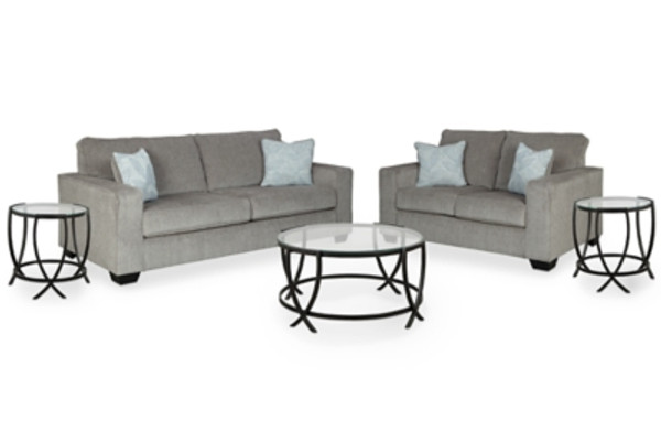Ashley Altari Alloy Sofa and Loveseat with Coffee Table and 2 End Tables