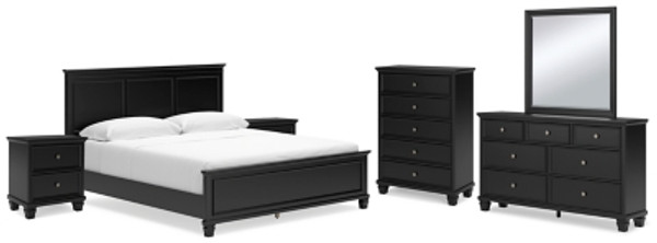 Ashley Lanolee Black California King Panel Bed with Mirrored Dresser, Chest and 2 Nightstands