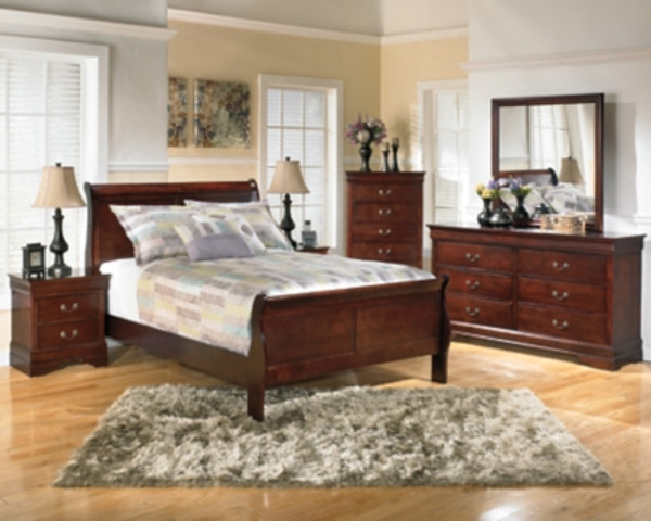 Ashley Alisdair Reddish Brown Twin Sleigh Bed with Mirrored Dresser, Chest and 2 Nightstands