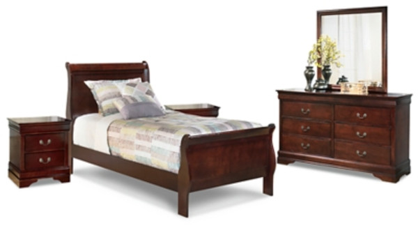 Ashley Alisdair Reddish Brown Twin Sleigh Bed with Mirrored Dresser and 2 Nightstands