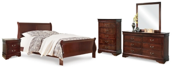 Ashley Alisdair Reddish Brown Queen Sleigh Bed with Mirrored Dresser, Chest and 2 Nightstands