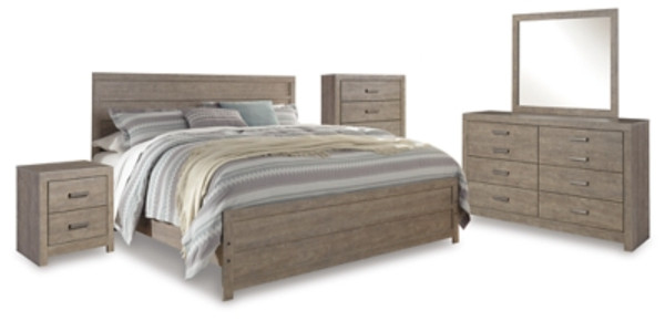 Ashley Culverbach Gray King Panel Bed with Mirrored Dresser, Chest and Nightstand