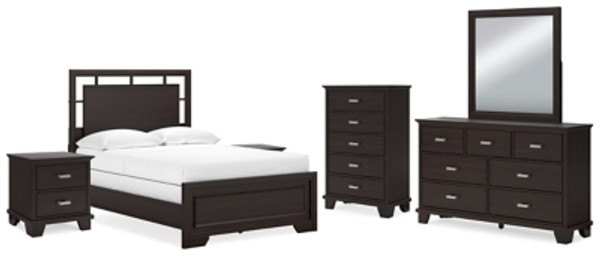 Ashley Covetown Dark Brown Full Panel Bed with Mirrored Dresser, Chest and 2 Nightstands