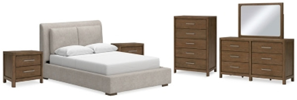 Ashley Cabalynn Light Brown Queen Upholstered Bed with Mirrored Dresser, Chest and 2 Nightstands