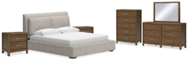 Ashley Cabalynn Light Brown California King Upholstered Bed with Mirrored Dresser, Chest and 2 Nightstands