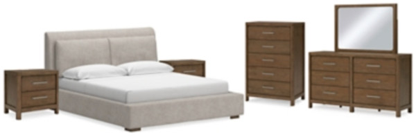 Ashley Cabalynn Light Brown King Upholstered Bed with Mirrored Dresser, Chest and 2 Nightstands