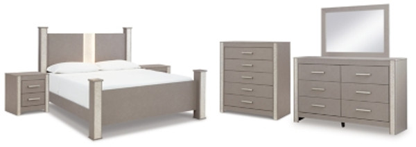 Ashley Surancha Gray King Poster Bed with Mirrored Dresser, Chest and 2 Nightstands