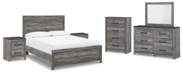 Ashley Bronyan Dark Gray Queen Panel Bed with Mirrored Dresser, Chest and 2 Nightstands