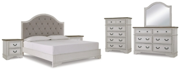Ashley Brollyn Two-tone King Upholstered Panel Bed with Mirrored Dresser, Chest and 2 Nightstands