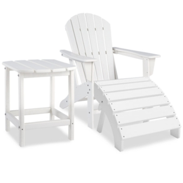 Ashley Sundown Treasure White Outdoor Adirondack Chair and Ottoman with Side Table