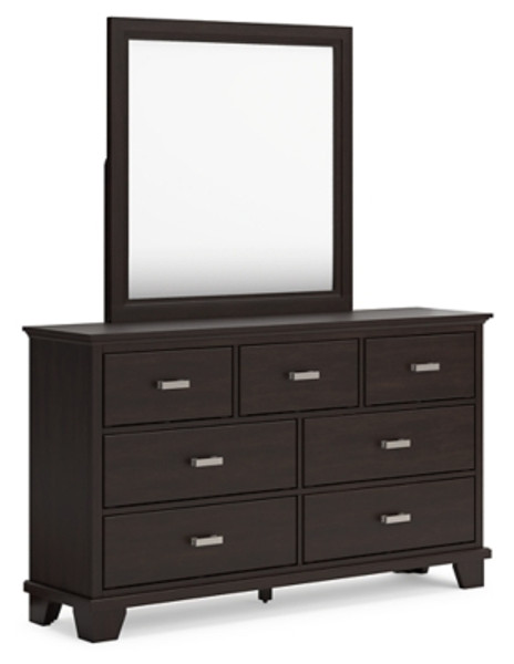 Ashley Covetown Dark Brown Queen Panel Bed with Mirrored Dresser
