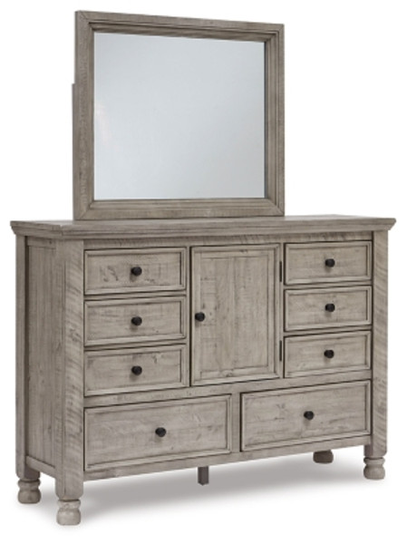 Harrastone Gray King Panel Bed with Mirrored Dresser, Chest and Nightstand
