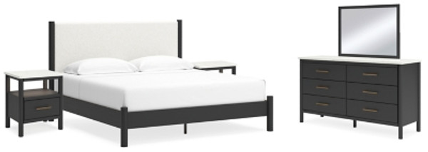 Ashley Cadmori Black White King Upholstered Panel Bed with Mirrored Dresser and 2 Nightstands