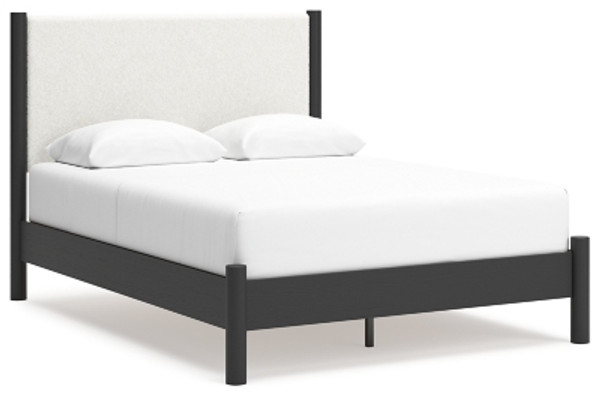 Ashley Cadmori Black White Queen Upholstered Panel Bed with 2 Nightstands