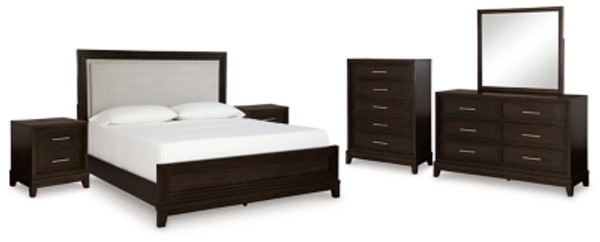 Ashley Neymorton Dark Grayish Brown California King Upholstered Panel Bed with Mirrored Dresser, Chest and 2 Nightstands Ashley Neymorton Dark Grayish Brown California King Upholstered Panel Bed with Mirrored Dresser, Chest and 2 Nightstands