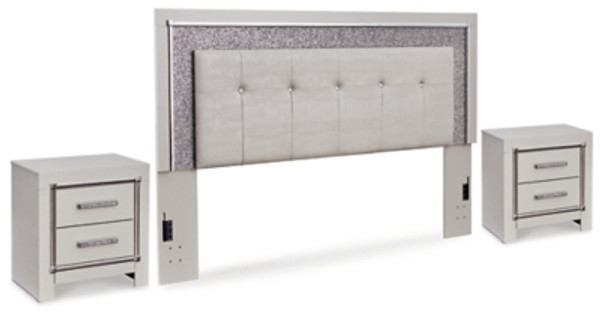 Ashley Zyniden Silver King Upholstered Panel Headboard with 2 Nightstands