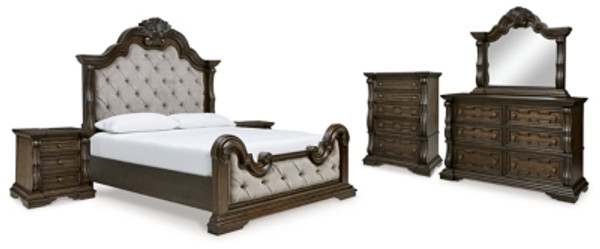 Ashley Maylee Dark Brown Queen Upholstered Bed with Mirrored Dresser, Chest and 2 Nightstands