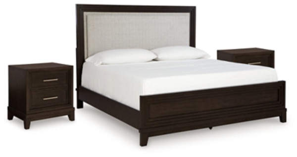Ashley Neymorton Light Gray Brown King/California King Upholstered Panel Headboard with 2 Nightstands