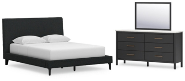 Ashley Cadmori Black Queen Upholstered Bed with Mirrored Dresser