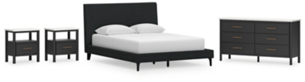 Ashley Cadmori Black Queen Upholstered Bed with Dresser and 2 Nightstands