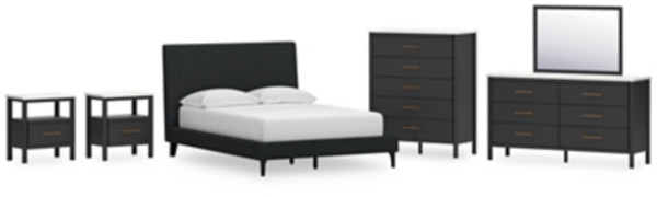 Ashley Cadmori Black Full Upholstered Bed with Mirrored Dresser, Chest and 2 Nightstands