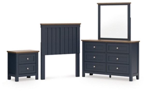 Ashley Landocken Brown Blue Twin Panel Headboard with Mirrored Dresser and Nightstand