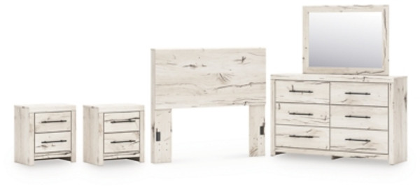 Benchcraft Lawroy Light Natural Full Panel Headboard with Mirrored Dresser and 2 Nightstands