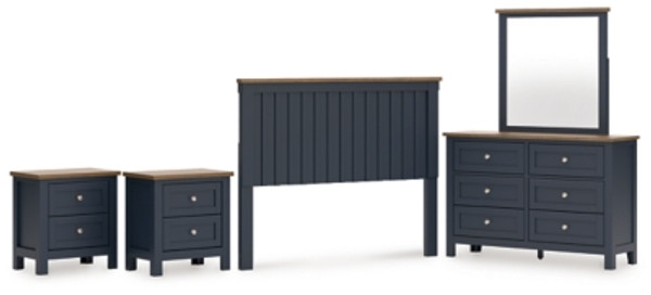 Ashley Landocken Brown Blue Queen Panel Headboard with Mirrored Dresser and 2 Nightstands