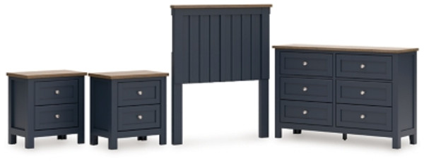Ashley Landocken Brown Blue Twin Panel Headboard with Dresser and 2 Nightstands