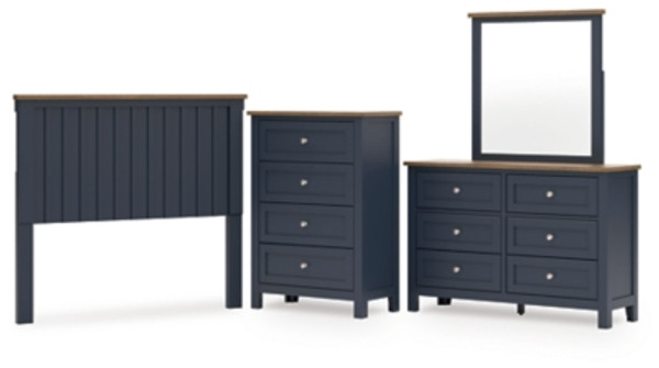 Ashley Landocken Brown Blue Full Panel Headboard with Mirrored Dresser and Chest