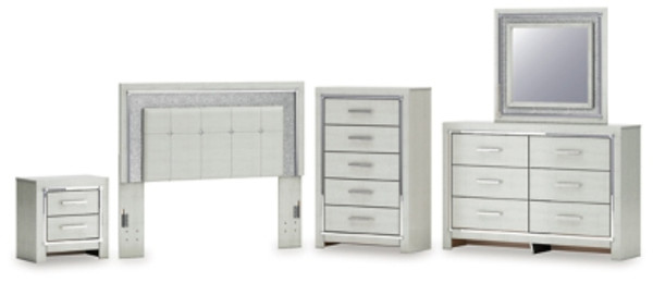 Ashley Zyniden Silver Queen Upholstered Panel Headboard with Mirrored Dresser, Chest and Nightstand Ashley Zyniden Silver Queen Upholstered Panel Headboard with Mirrored Dresser, Chest and Nightstand