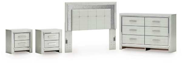 Ashley Zyniden Silver Queen Upholstered Panel Headboard with Dresser and 2 Nightstands
