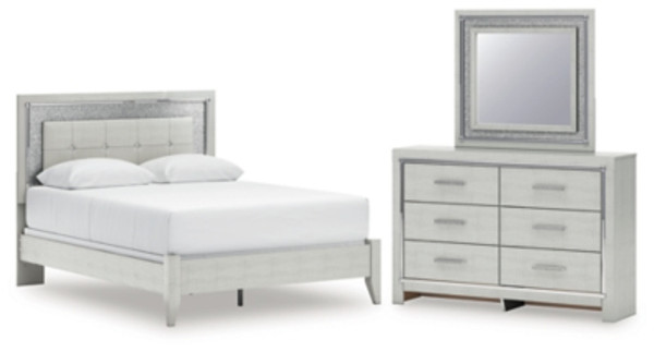 Ashley Zyniden Silver Queen Upholstered Panel Bed with Mirrored Dresser