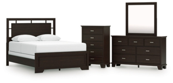 Ashley Covetown Dark Brown Queen Panel Bed with Mirrored Dresser and Chest