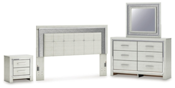 Ashley Zyniden Silver King Upholstered Panel Headboard with Mirrored Dresser and Nightstand