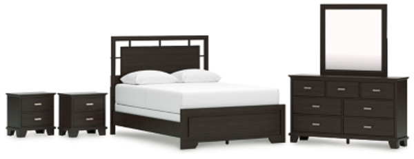 Ashley Covetown Dark Brown Queen Panel Bed with Mirrored Dresser and 2 Nightstands
