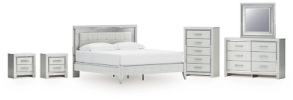 Ashley Zyniden Silver King Upholstered Panel Bed with Mirrored Dresser, Chest and 2 Nightstands