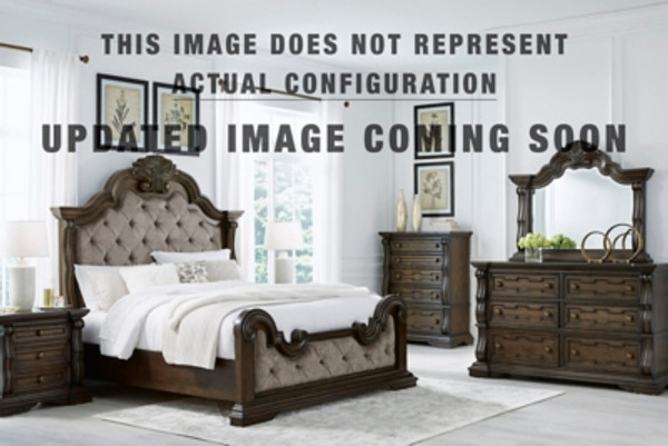 Ashley Maylee Dark Brown King Upholstered Bed with Mirrored Dresser and Chest