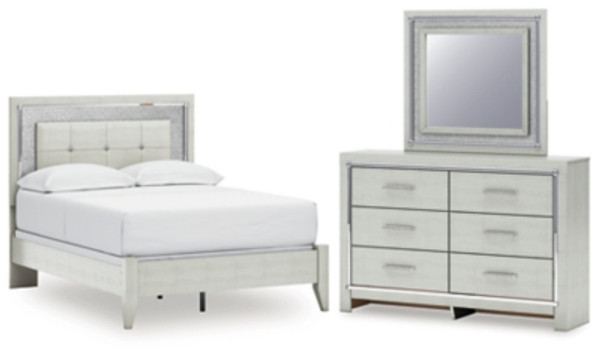 Ashley Zyniden Silver Full Upholstered Panel Bed with Mirrored Dresser
