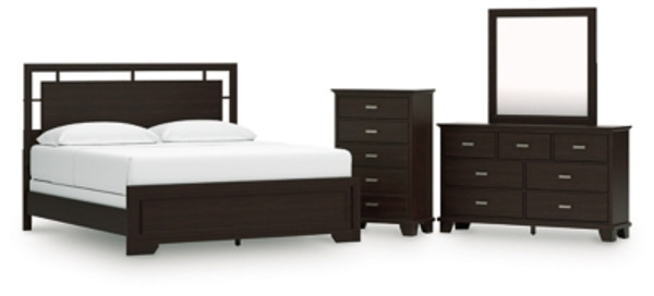 Ashley Covetown Dark Brown California King Panel Bed with Mirrored Dresser and Chest