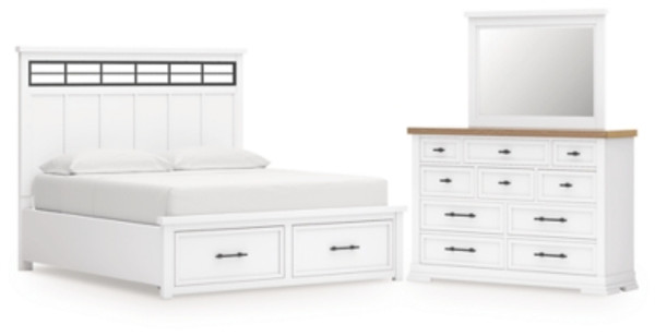 Benchcraft Ashbryn White Natural California King Panel Storage Bed with Mirrored Dresser