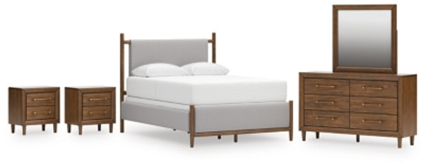Ashley Lyncott Brown Queen Upholstered Bed with Mirrored Dresser and 2 Nightstands Ashley Lyncott Brown Queen Upholstered Bed with Mirrored Dresser and 2 Nightstands