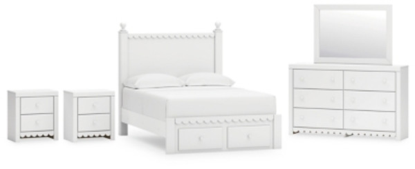 Ashley Mollviney White Full Panel Storage Bed with Mirrored Dresser and 2 Nightstands