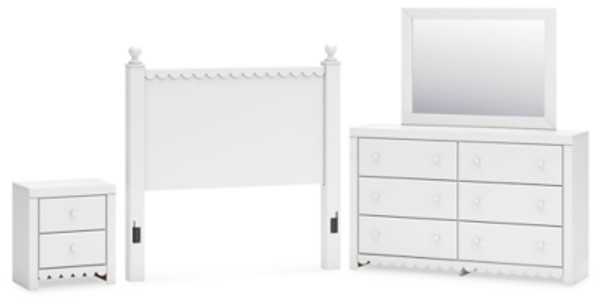 Ashley Mollviney White Full Panel Headboard with Mirrored Dresser and Nightstand