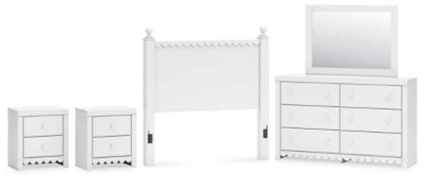 Ashley Mollviney White Full Panel Headboard with Mirrored Dresser and 2 Nightstands