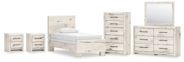 Benchcraft Lawroy Light Natural Twin Panel Bed with Mirrored Dresser, Chest and 2 Nightstands
