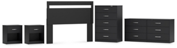 Ashley Finch Black Queen Panel Headboard with Dresser, Chest and 2 Nightstands