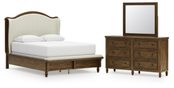 Benchcraft Sturlayne Brown Queen Upholstered Panel Bed with Mirrored Dresser